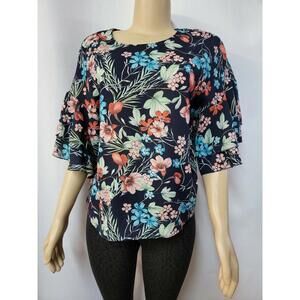 Grifflin Paris Women's Size M Floral Multicolor Top Blouse Bell Sleeve #W6